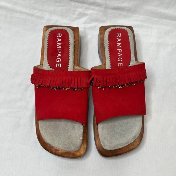 Rampage Womens y2k Red Suede Beaded Fringe Wood Clog Slide Sandals Size 7 - Picture 3 of 10